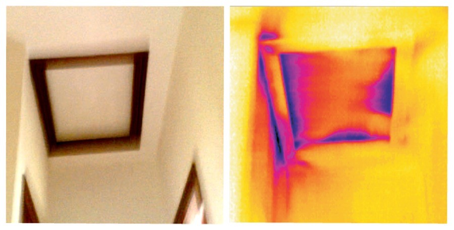 Digital photograph of an attic trap door and corresponding thermal image showing cold air infiltration - McClean Thermal Imaging, Ireland