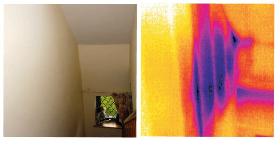 Digital photograph of a landing and corresponding thermal image showing areas of missing wall insulation - McClean Thermal Imaging, Ireland
