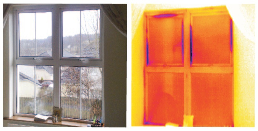 Digital photograph of a window and corresponding thermal image showing gaps in window frame - McClean Thermal Imaging, Ireland